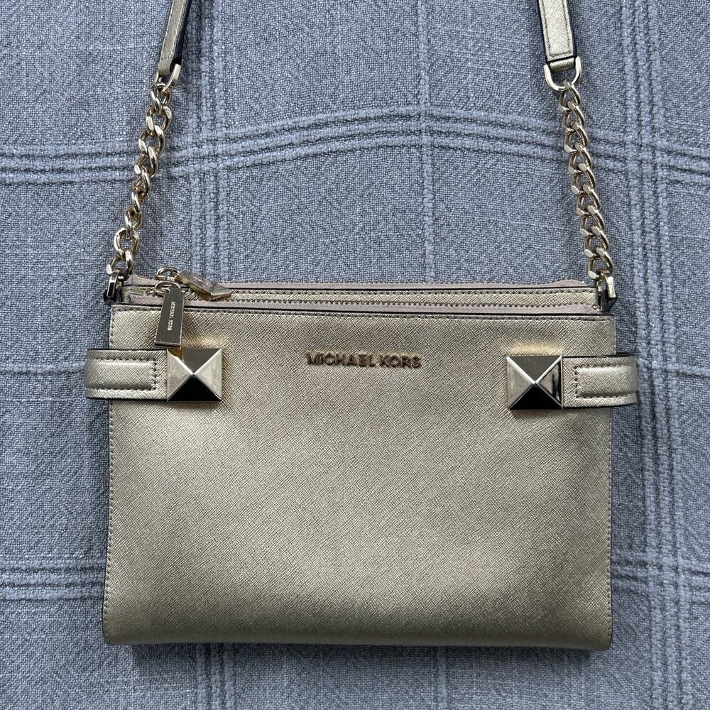 Michael Kors Karla Crossbody Bag Gold Metallic Leather Double Zip Purse Wallet